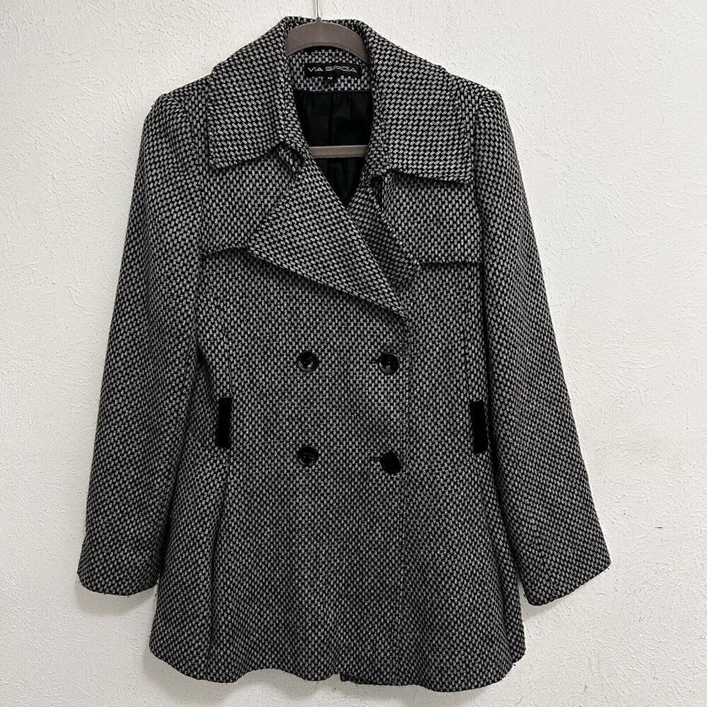 Via Spiga Coat Black Gray Check Double Breasted Peacoat Jacket Wool Cotton Sz 10